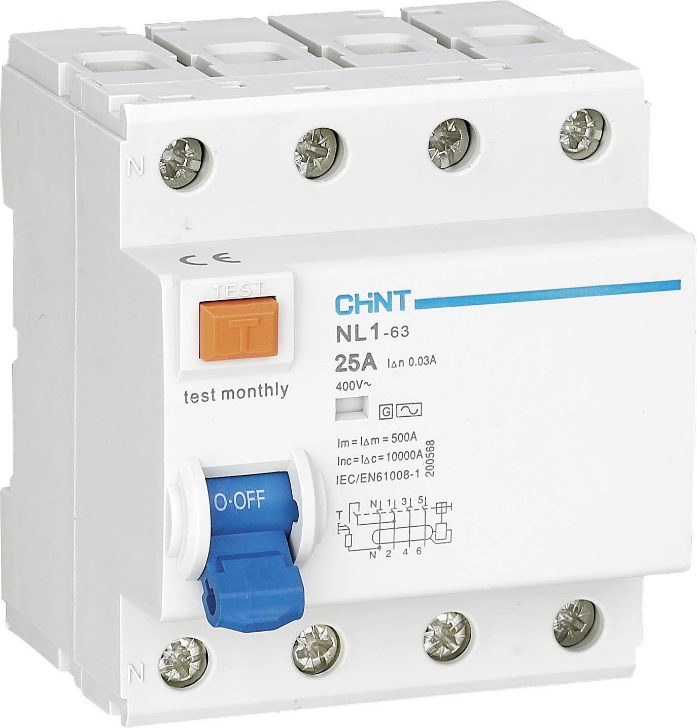 An electrical RCD (residual current device) with the label 'Chint NL1 63 25A, 400V', test button and blue on/off switch.