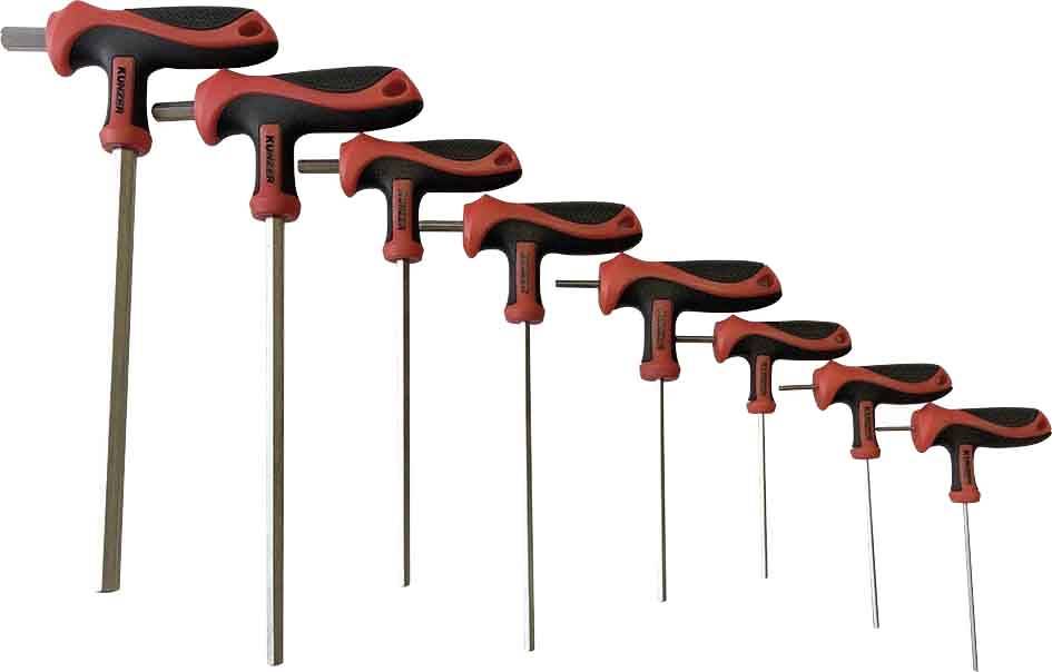 A set of seven red and black T-handle hexagonal Allen keys in various sizes, arranged from small to large.