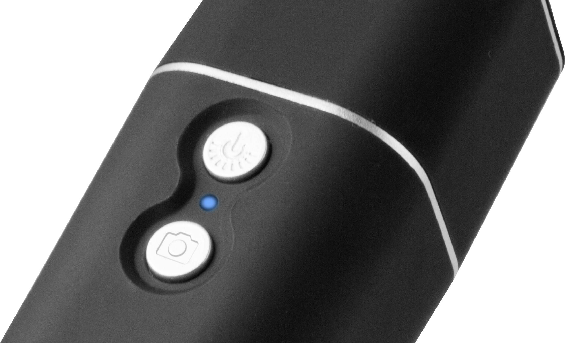Black electronic device with two round buttons, a blue LED light and a camera symbol on one of the buttons.