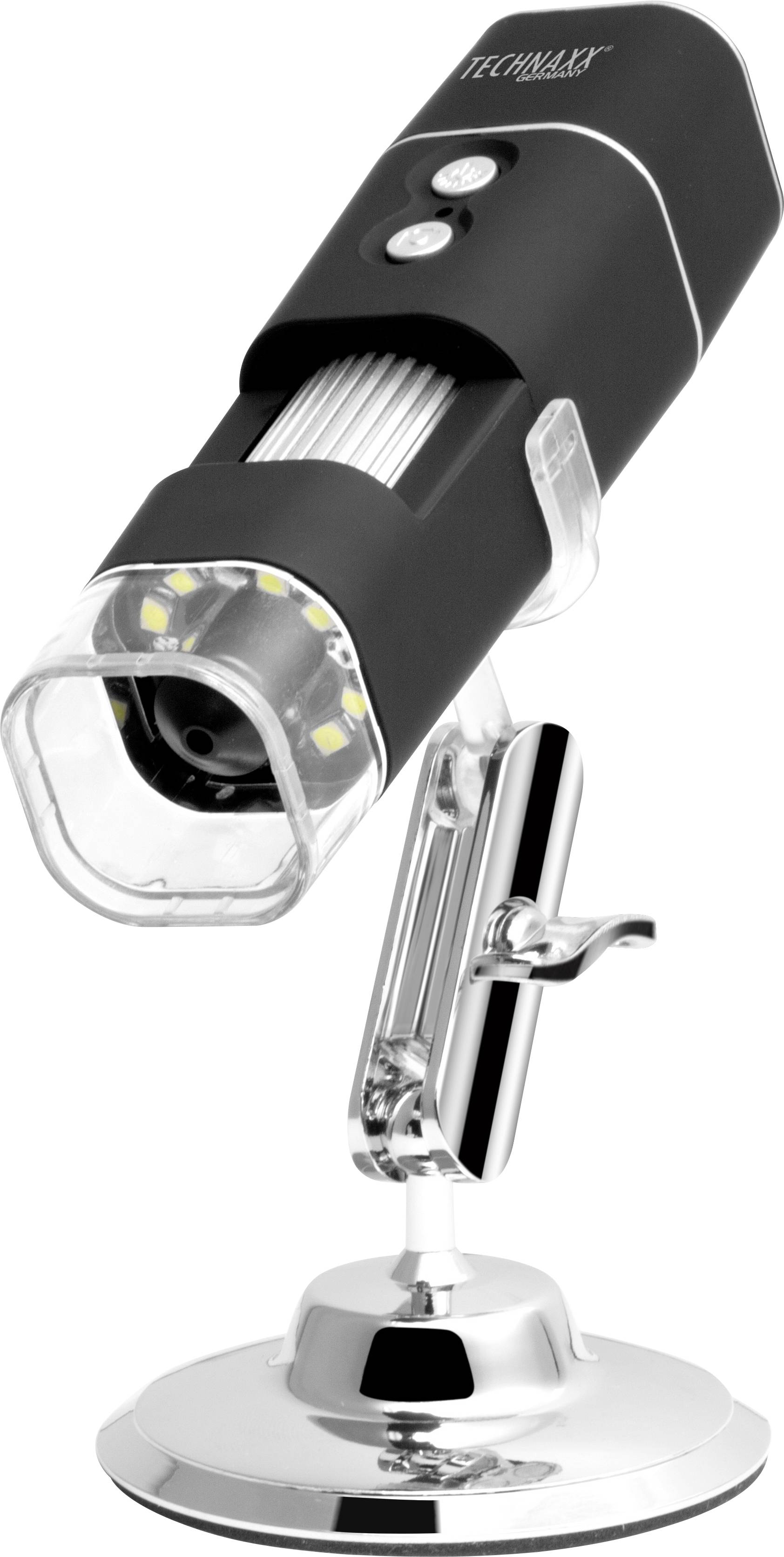 A digital microscope with an adjustable stand and LED illumination, suitable for precise magnification and detailed observations.