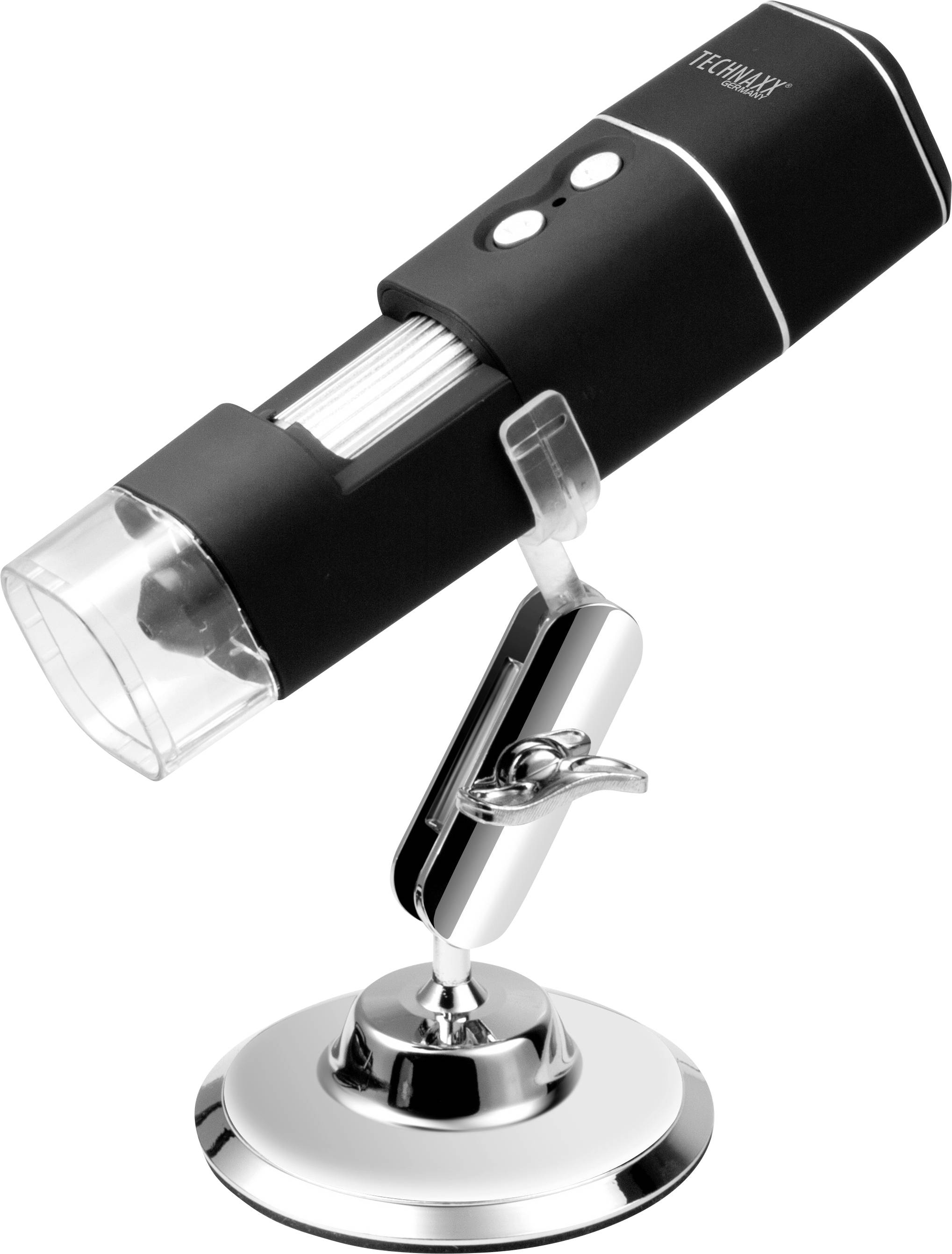 A black digital microscope with a silver stand, suitable for magnifications and detailed views of smaller objects.