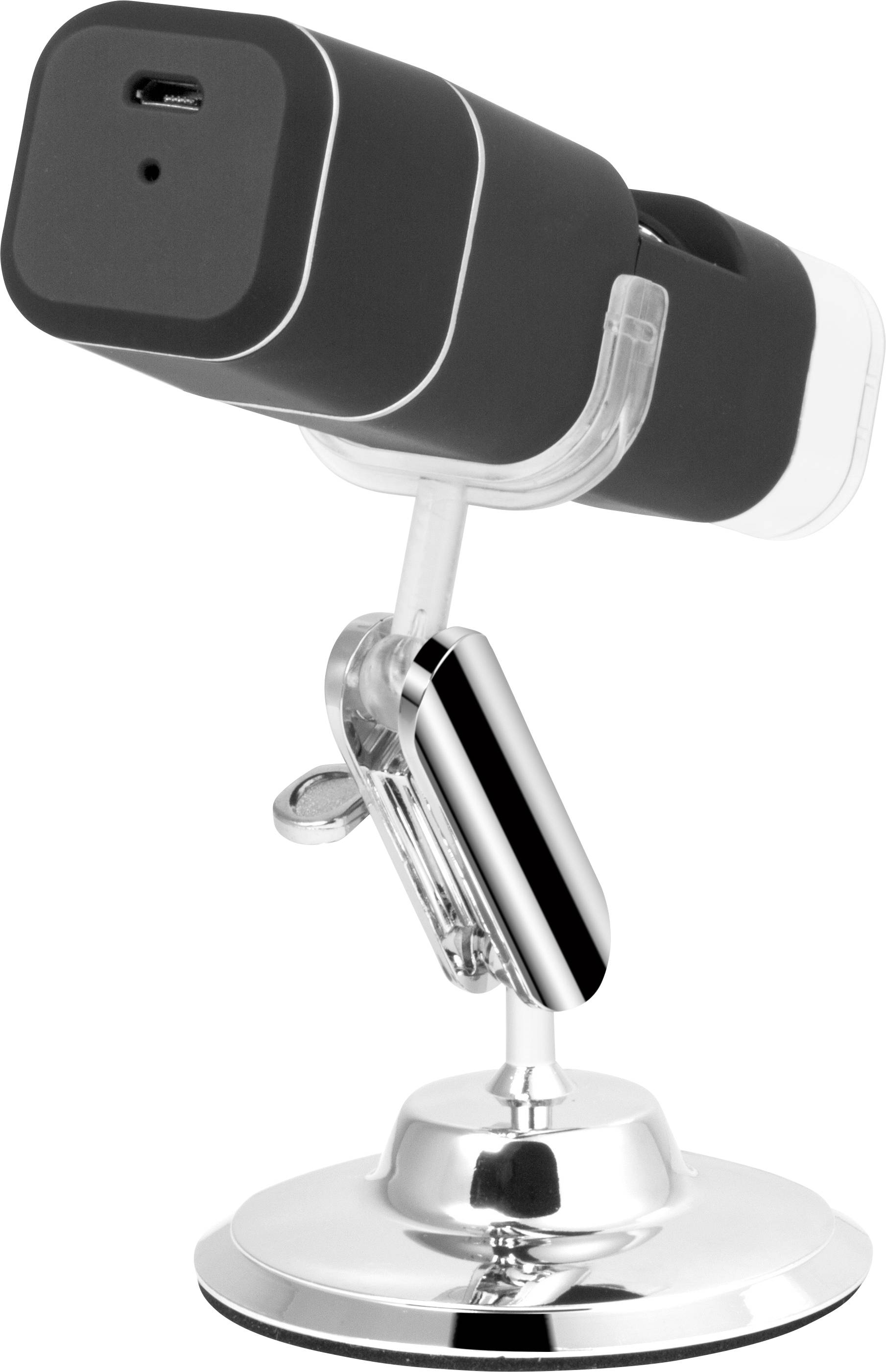 Black webcam on a silver stand with USB connection, shown from the side view.