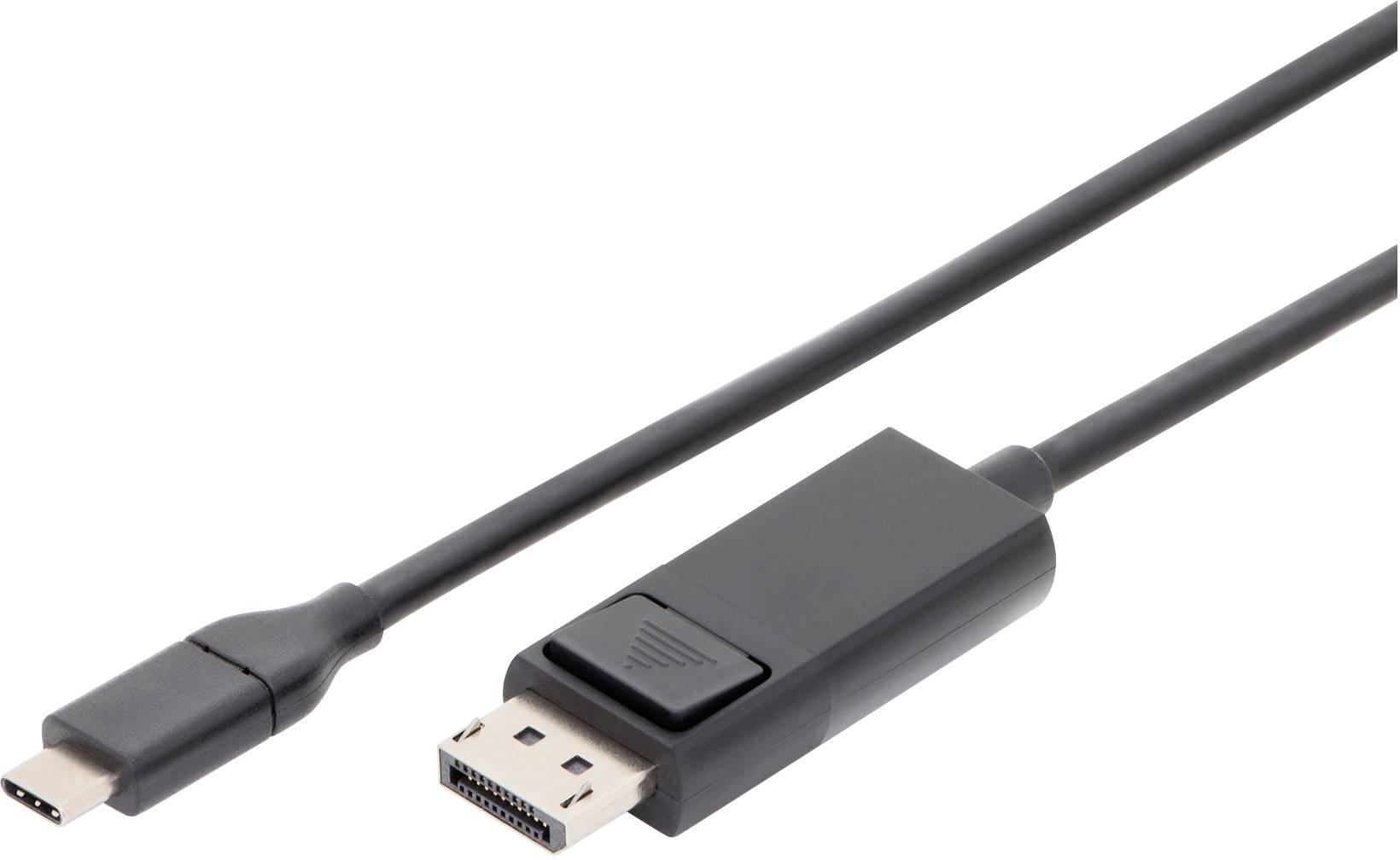 A black cable with USB-C and DisplayPort connectors, suitable for connecting devices with different interfaces.