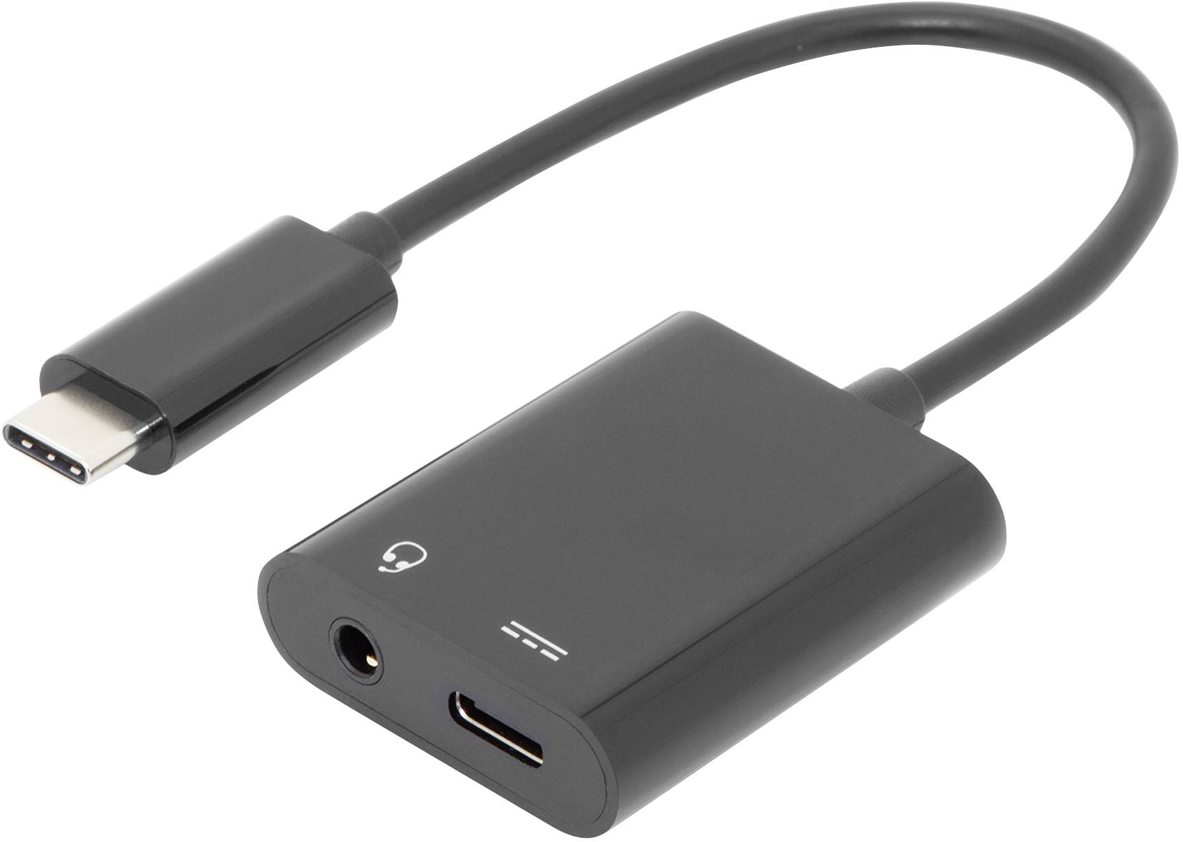 An adapter cable with a USB-C connector and two sockets: a 3.5 mm headphone socket and a USB-C socket.