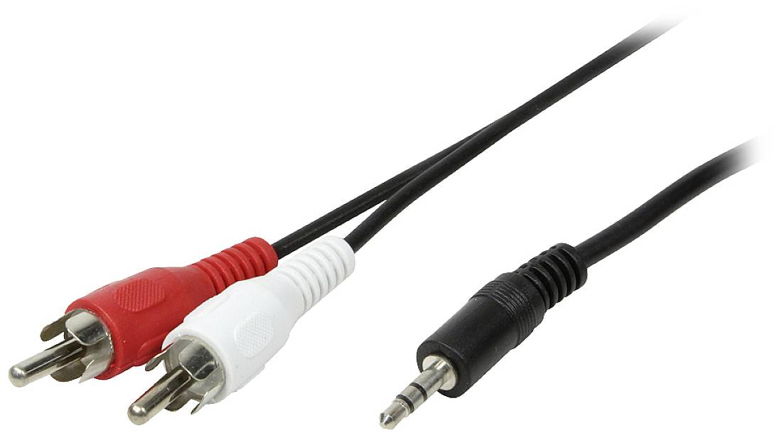 Black audio cable with a 3.5mm jack plug on one side and two RCA plugs (red and white) on the other.