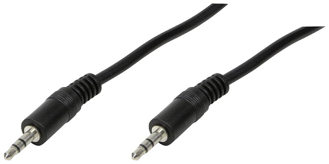 Two black audio cables with 3.5mm jack plugs at both ends, used for connecting audio sources.