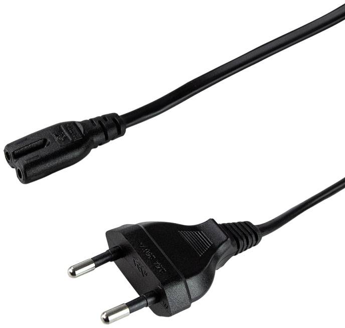 Black power cable with a Euro plug and a female socket. Used for connecting devices to power sources.