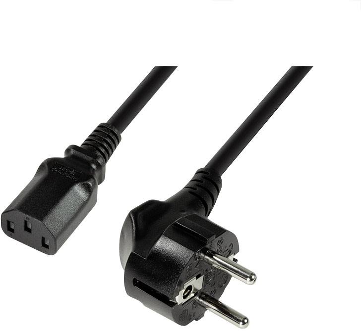 Power cable with Schuko plug and C13 socket, black, suitable for connecting devices to European power outlets.