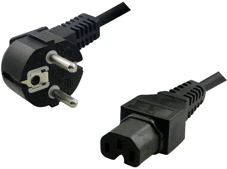 Pictured is a black mains cable with a European plug and an IEC C13 device connector, suitable for electronic devices in Europe.