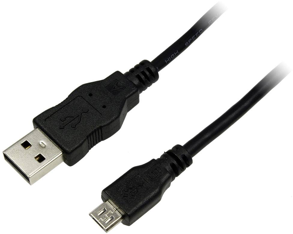 A USB cable with two different connectors: a standard USB plug and a micro-USB plug.