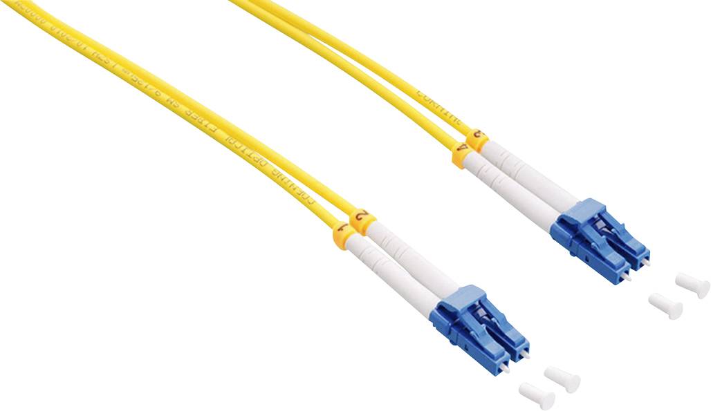 Two yellow fibre-optic cables with blue connectors and white end caps, used for high-speed data transmission in networks.