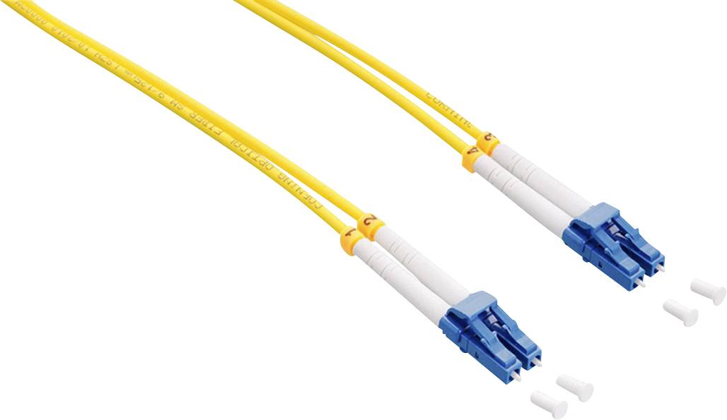 Two yellow fibre optic cables with blue connectors and white protective caps, used for high-speed data transmission.