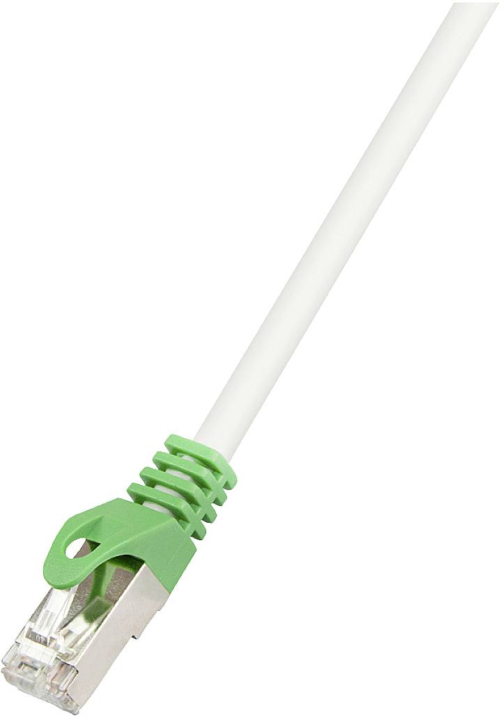 A white Ethernet cable with a green connector, used for network connection.
