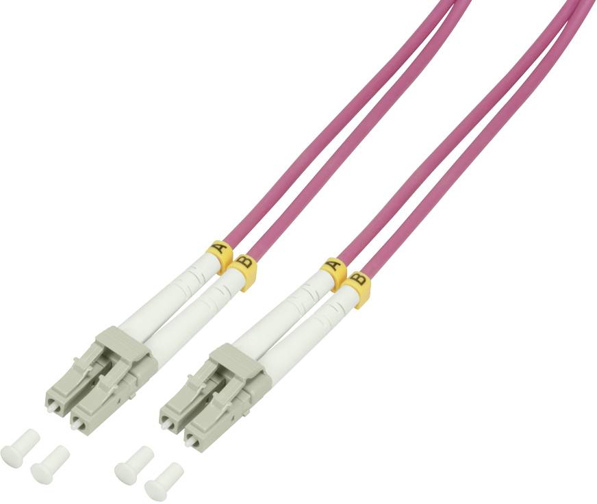 Two pink fibre optic cables with LC connectors, labelled 'A' and 'B'. Cut end caps are shown separately.
