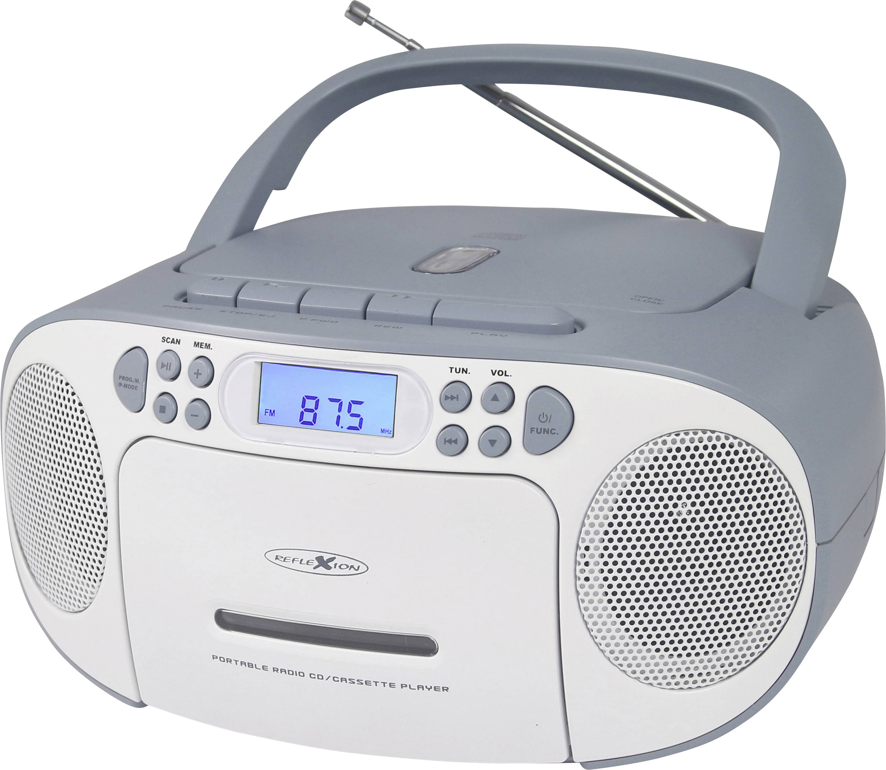 Portable CD and cassette player with radio, displaying a digital frequency indicator of 87.5 FM. Includes speakers and antenna.