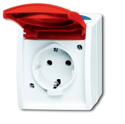 White earthed socket with a red hinged cover, open; suitable for indoor use, provides protection when not in use.