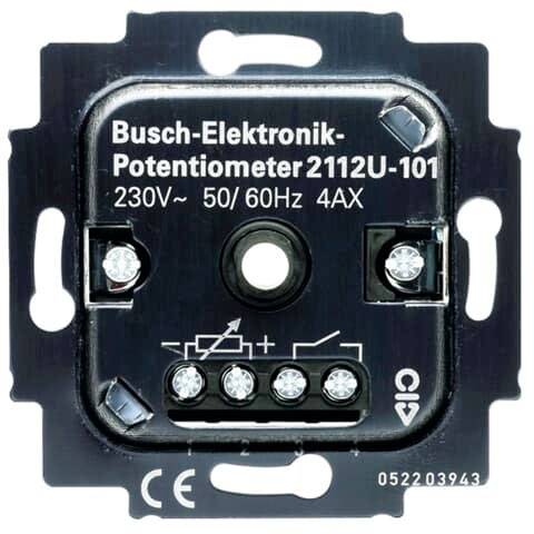 A dimmable rotary potentiometer with the inscription 'Busch-Electronic Potentiometer 2112U-101', suitable for 230V, 50/60Hz, 4AX.