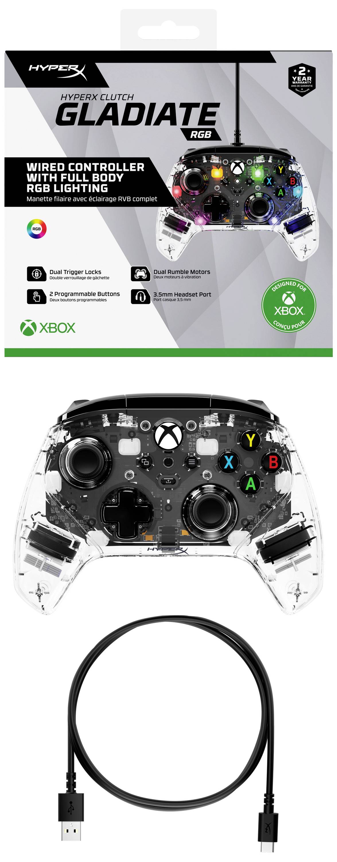 HyperX Clutch Gladiate RGB Gamepad PC, Xbox One, Xbox One S, Xbox Series S, Xbox Series X Transparent
