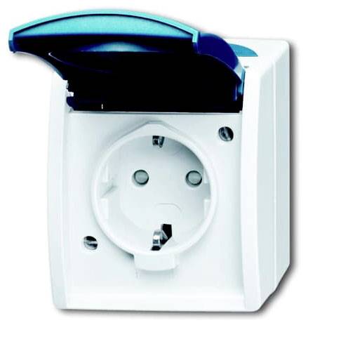 Outdoor socket with blue flap opened, showing European socket. Suitable for exterior use with protection against weather influences.