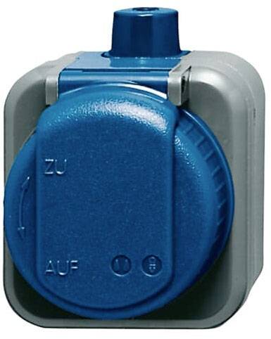A blue, round rotary switch on a grey housing, with labels 'CLOSED' and 'OPEN' for controlling water or gas valves.
