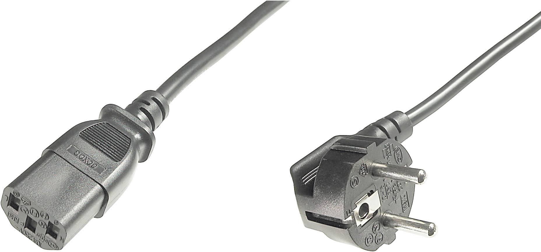 An IEC-C13 power cable with a German Schuko plug on one side and a three-pin socket on the other side.