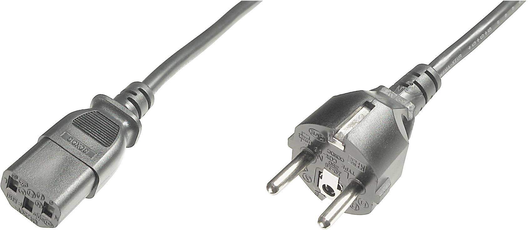 Power cable with an IEC C13 plug on the left and a Schuko plug on the right. Connecting cable for electronic devices.