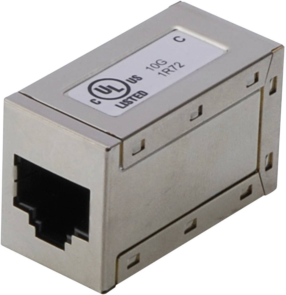 A RJ45 Cat6a coupler in a silver metal housing with 'UL Listed' marking. Suitable for connecting network cables.