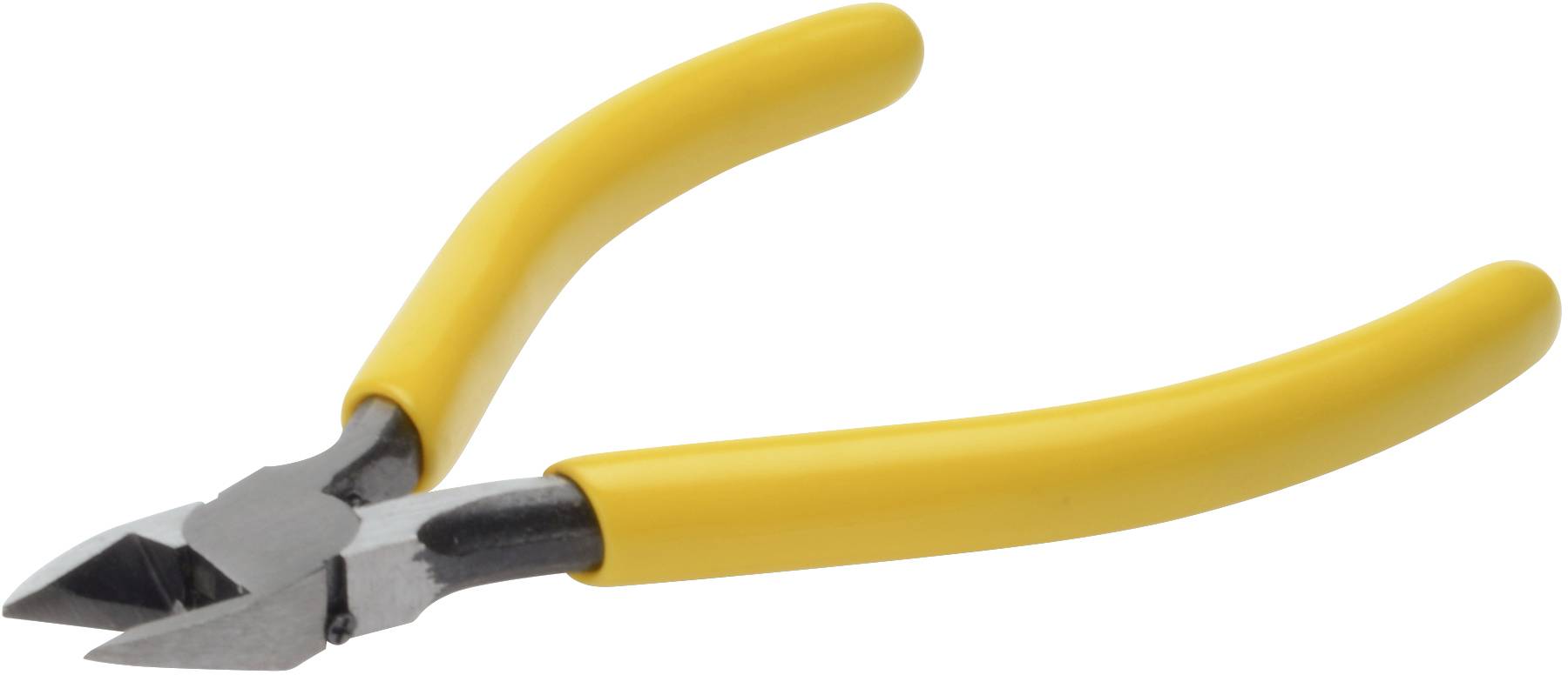 Yellow side-cutting pliers with grey cutting surfaces, lying flat on a white surface.