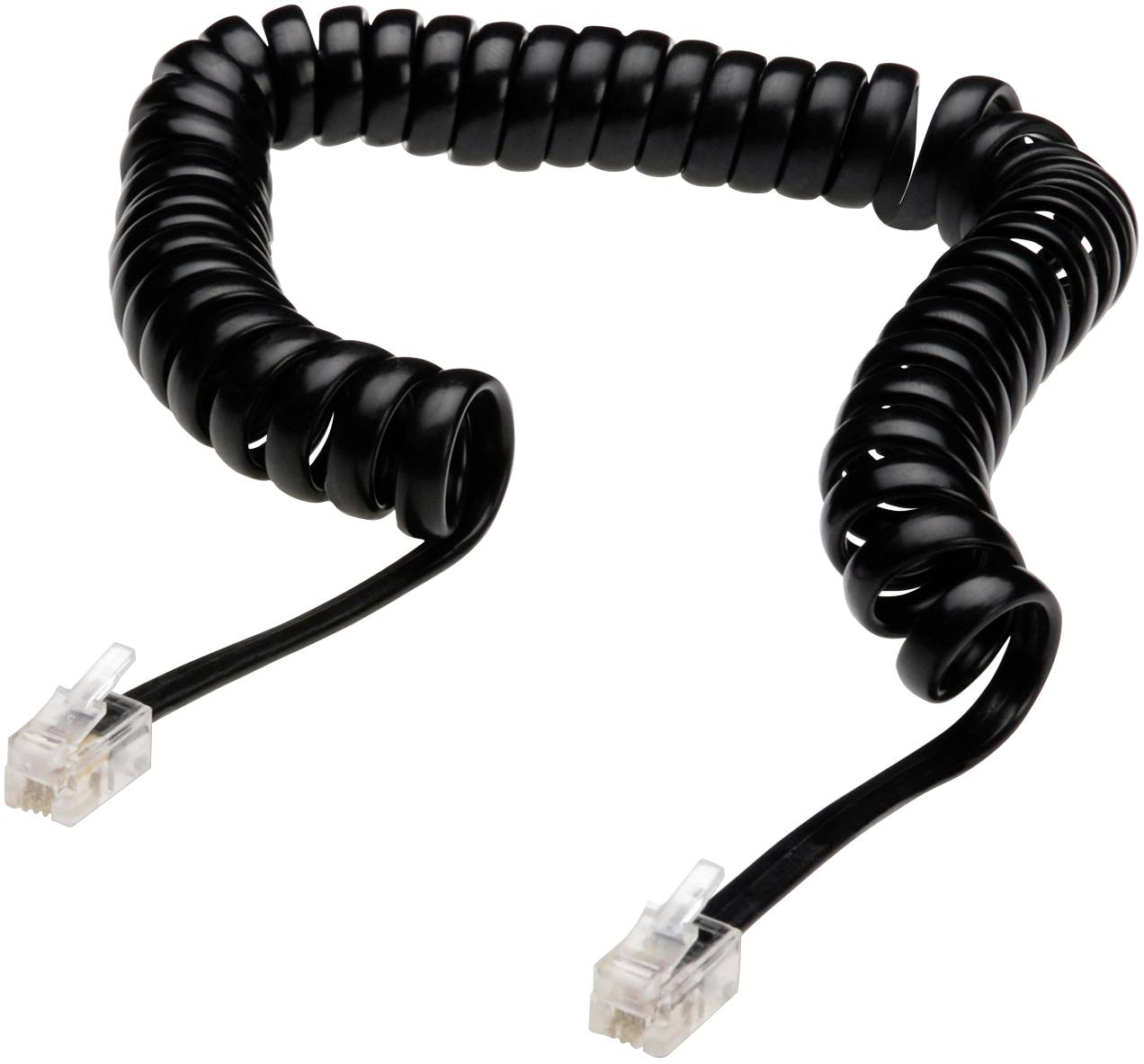 Black, spiral telephone cable with two RJ11 plugs at the ends, used for landline telephones.