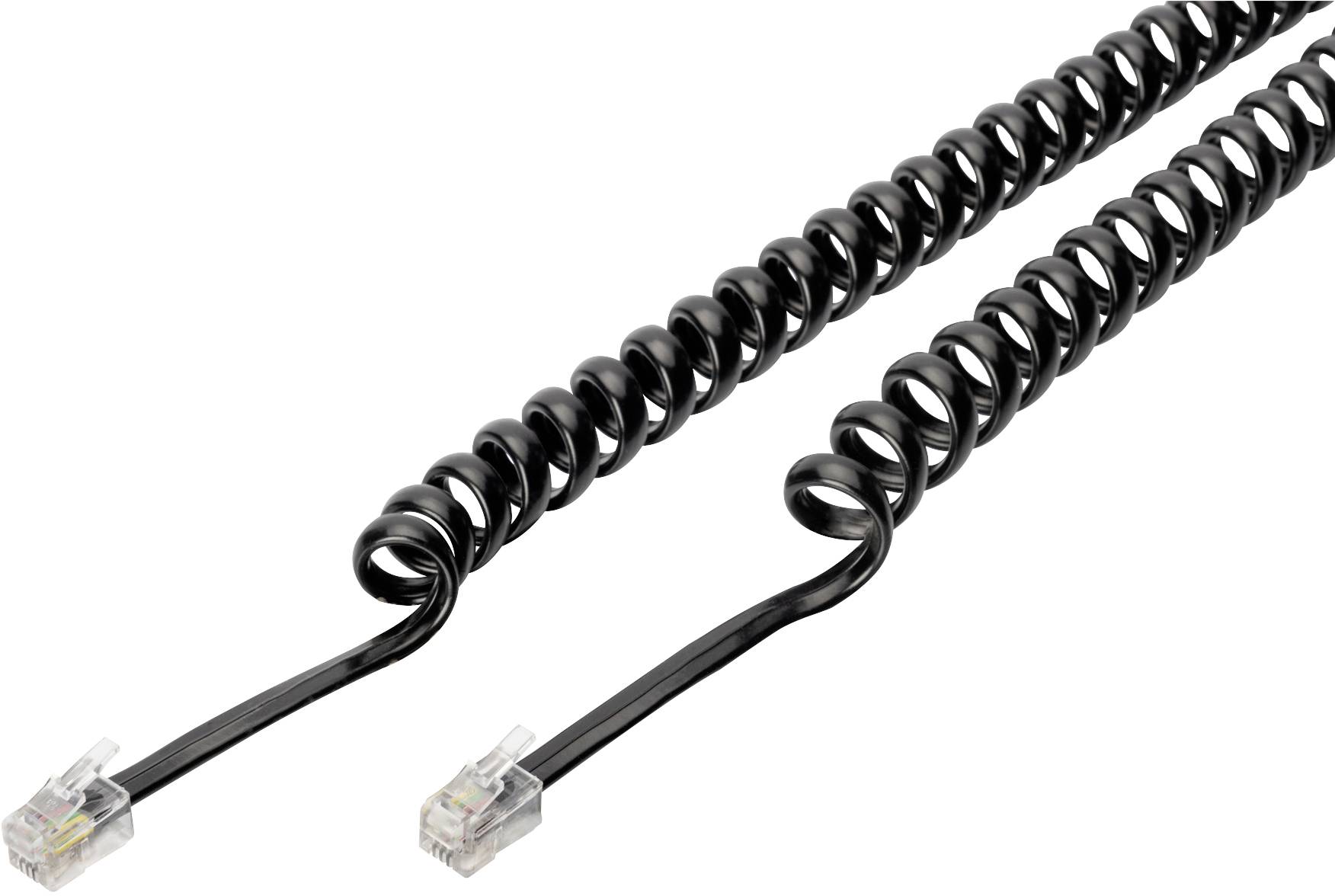 Black spiral telephone cable with two transparent connectors at the ends, for analogue telephone connections.