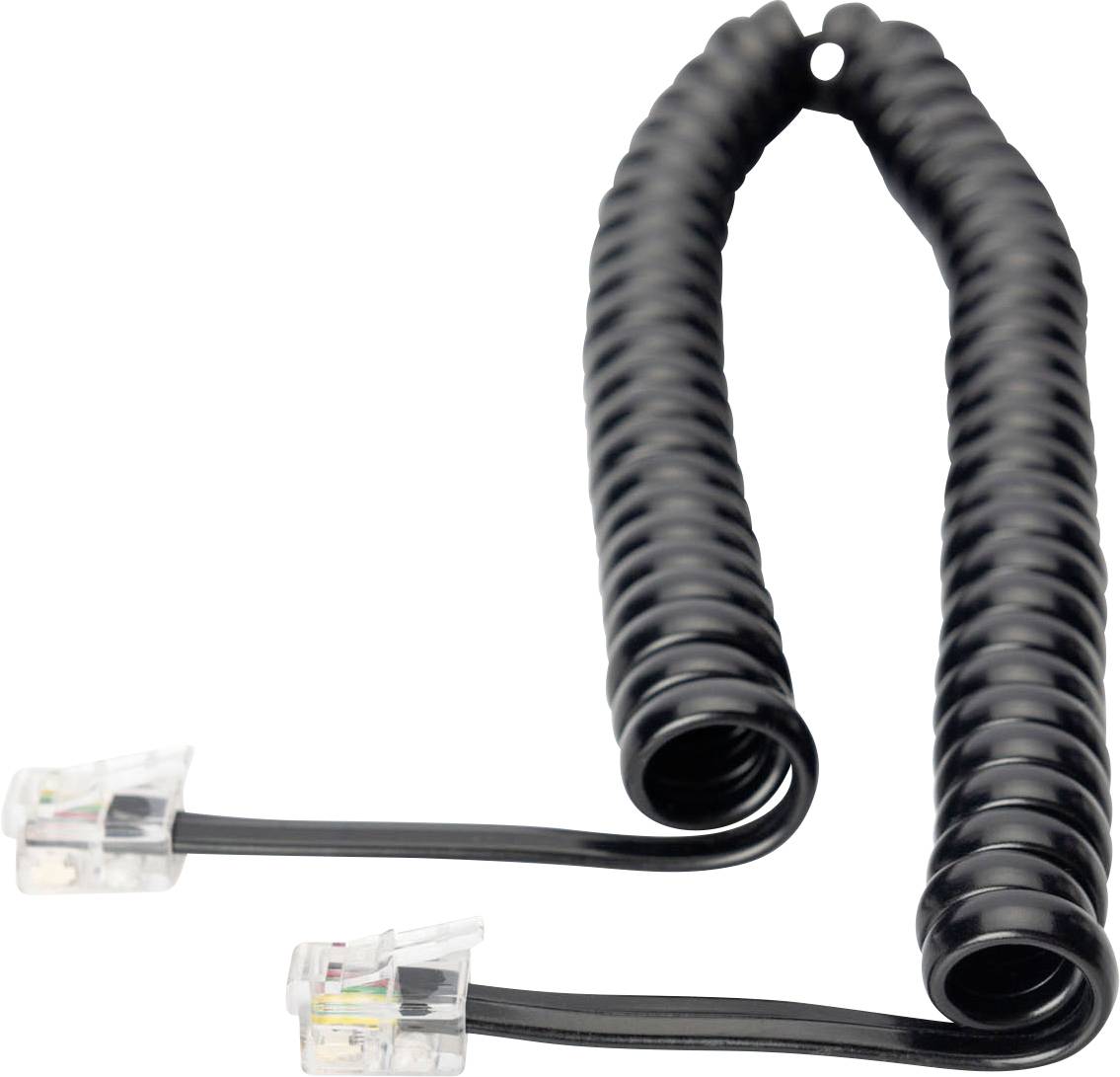 Black, spiral-wound telephone cable with two transparent plugs at the ends.