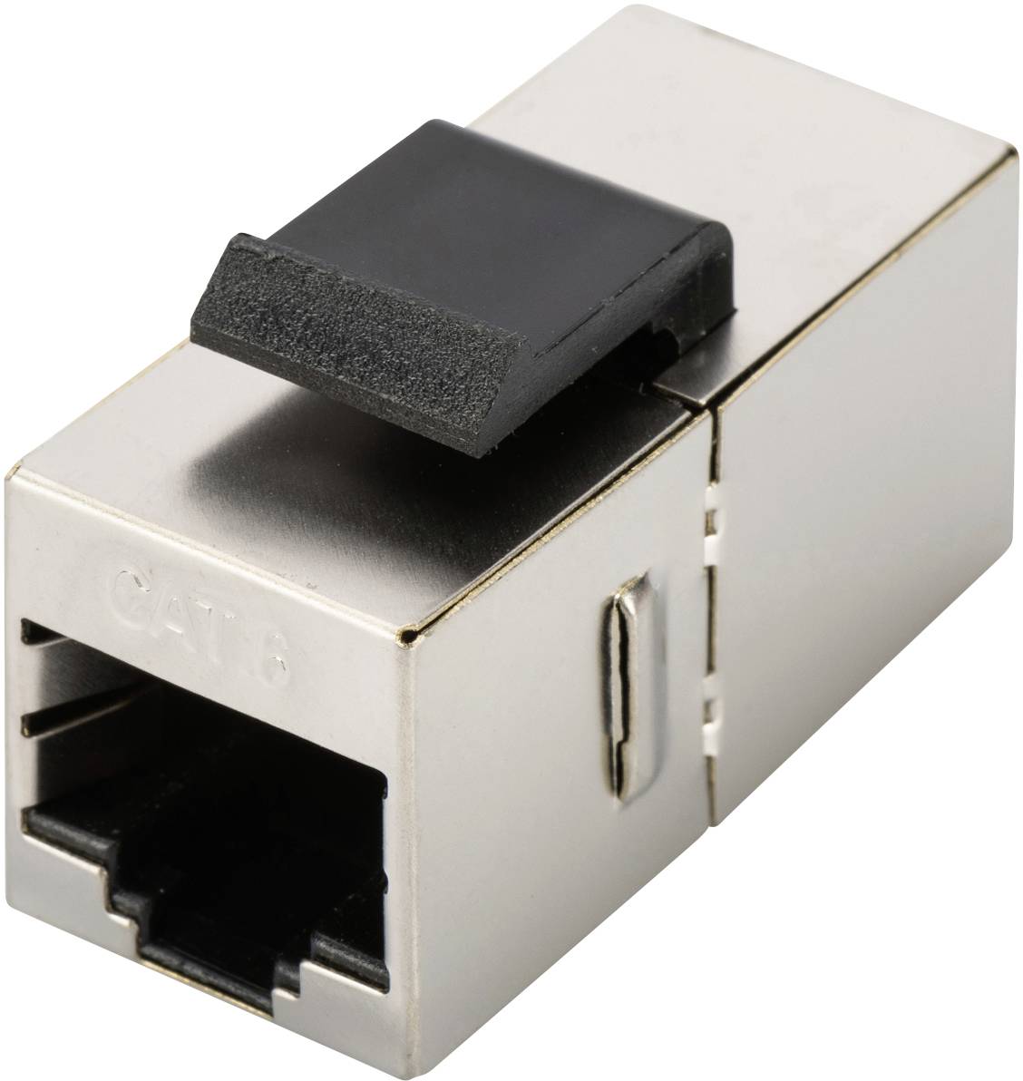 A CAT 6 network plug in metal design with a black locking lever. Suitable for Ethernet connections in networks.
