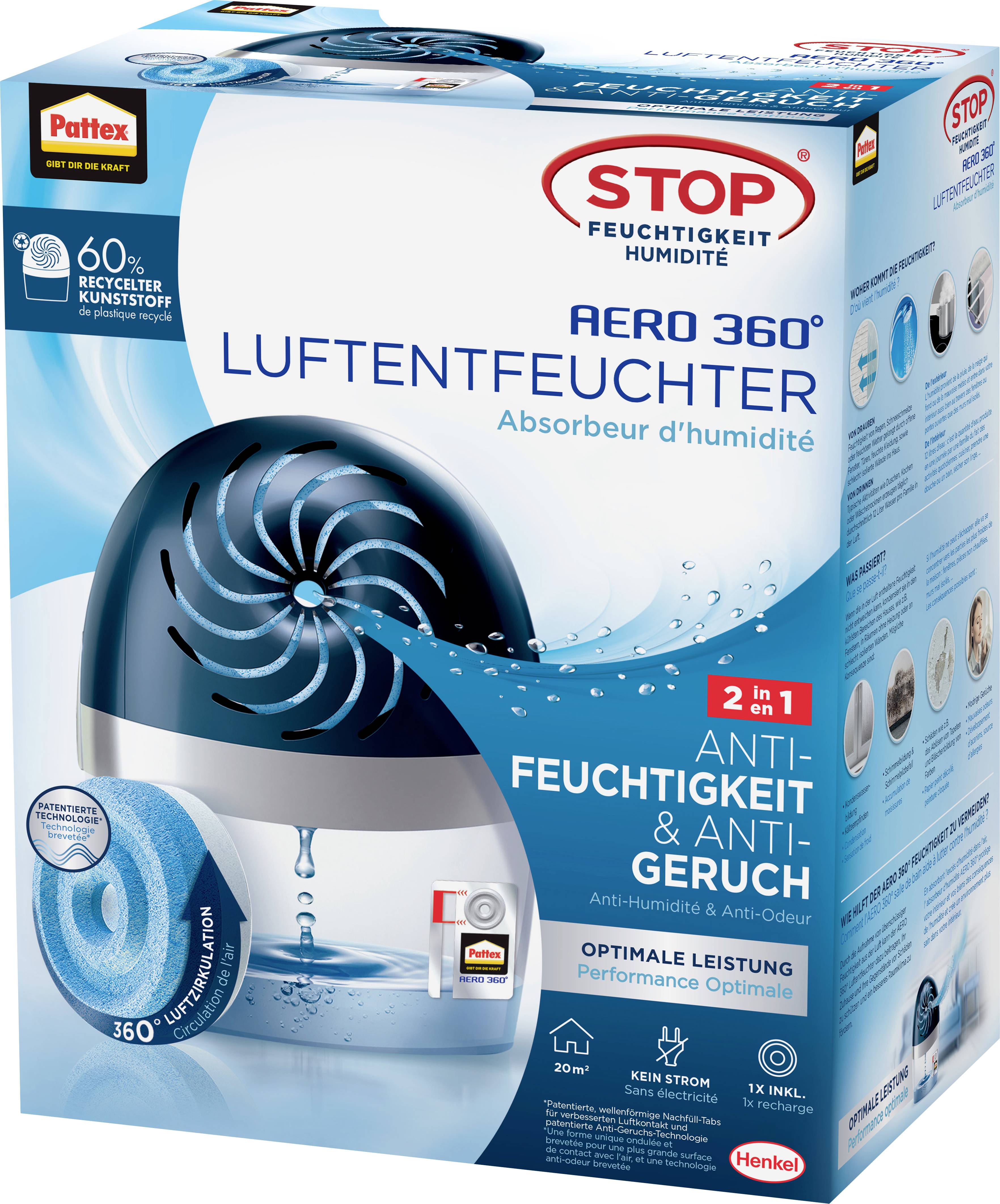 A packaging for the 'Stop Aero 360° Dehumidifier'. Advertises a 2-in-1 anti-moisture and anti-odour solution. Suitable for rooms up to 20m².