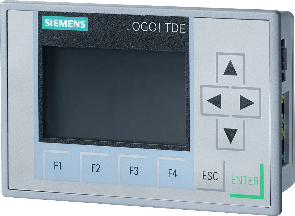 Programmable logic controller 'SIEMENS LOGO! TDE' with display, four function keys (F1-F4), ESC and ENTER key, navigation arrows.