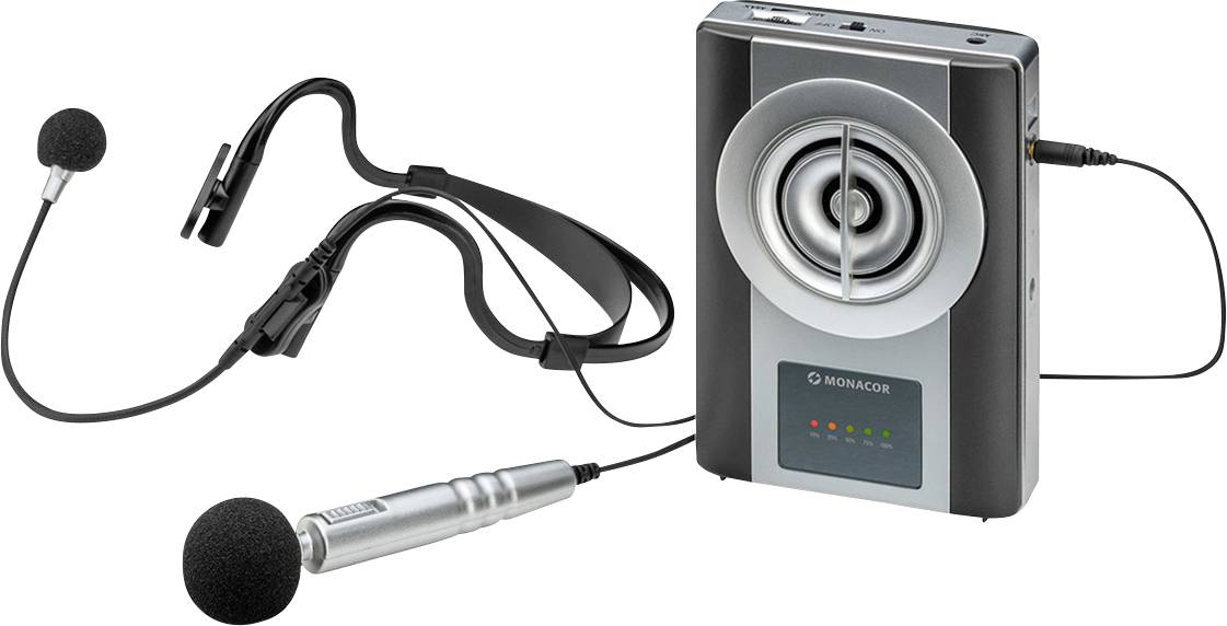 Portable voice amplification system with microphone, headset, and speaker, suitable for presentations or guided tours.