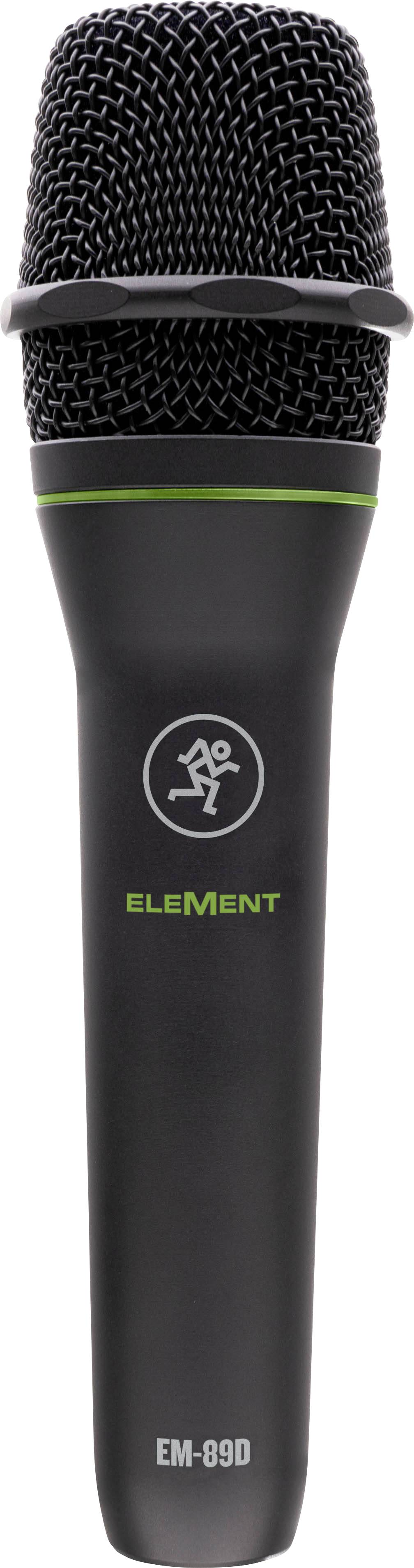 Black microphone with green accent and running human logo, Model EM-89D, by the brand 'Element', for studio or live recordings.