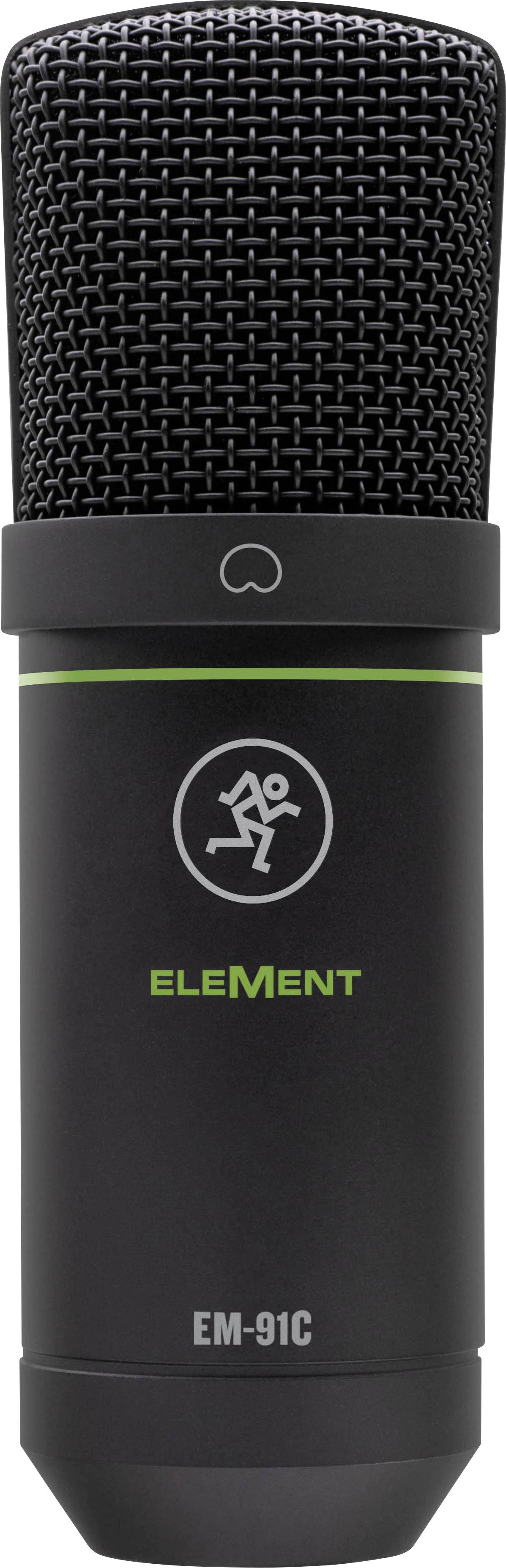 The image depicts a black condenser microphone with a white logo of a running stick figure, from the brand 'EleMent', Model 'EM-91C'.