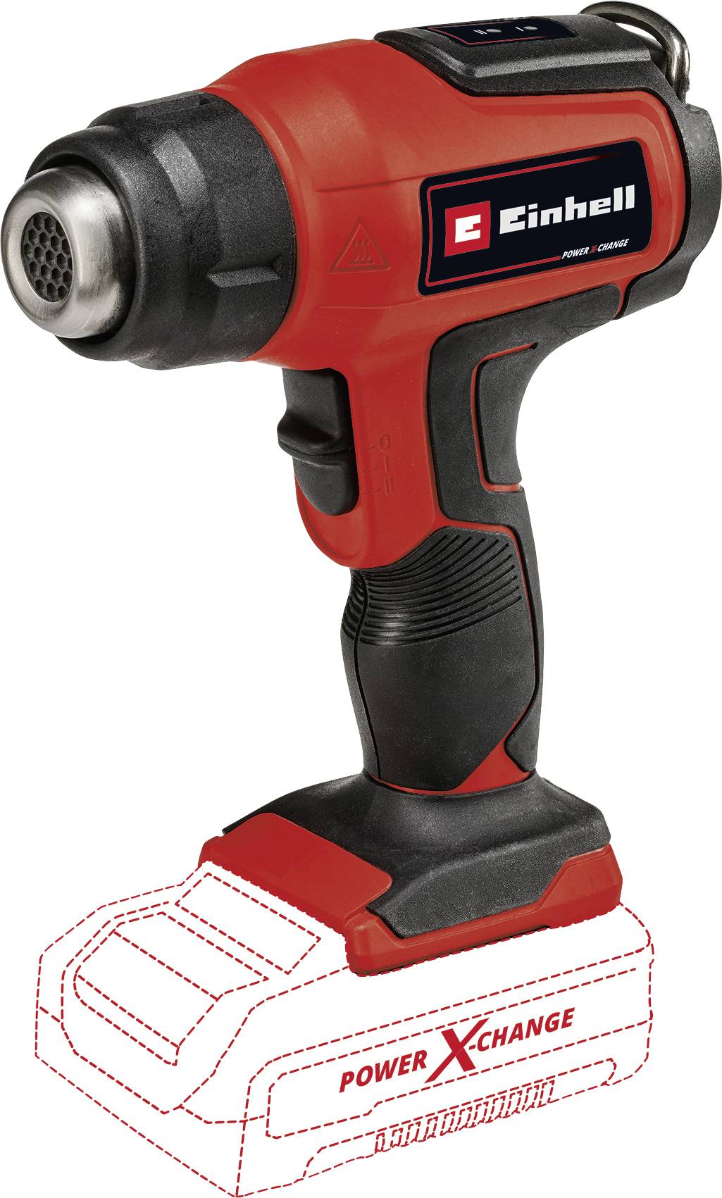 Einhell cordless hot air gun in a red housing, without battery inserted, with black handle and red Power X-Change system.