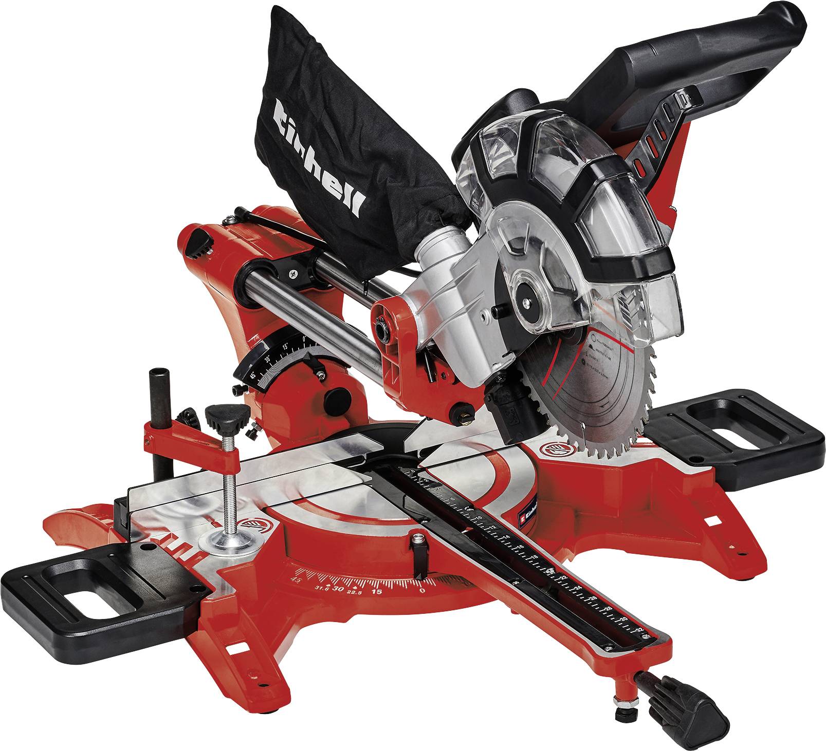 A red and black mitre saw with a transparent guard and scales. Suitable for precisely cutting wood at various angles.