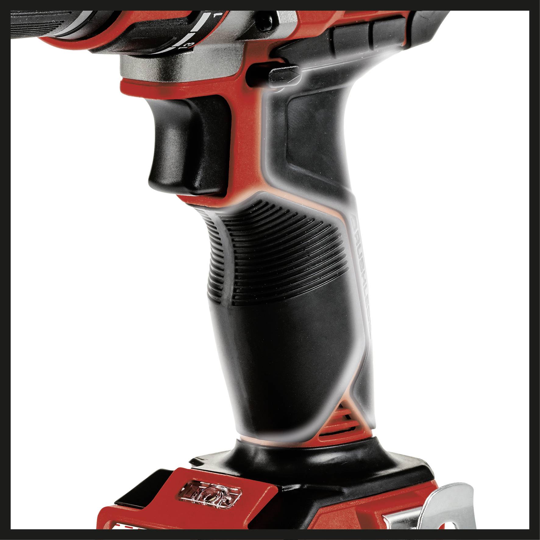 A red cordless drill with a black handle. The lower section shows the attached battery.