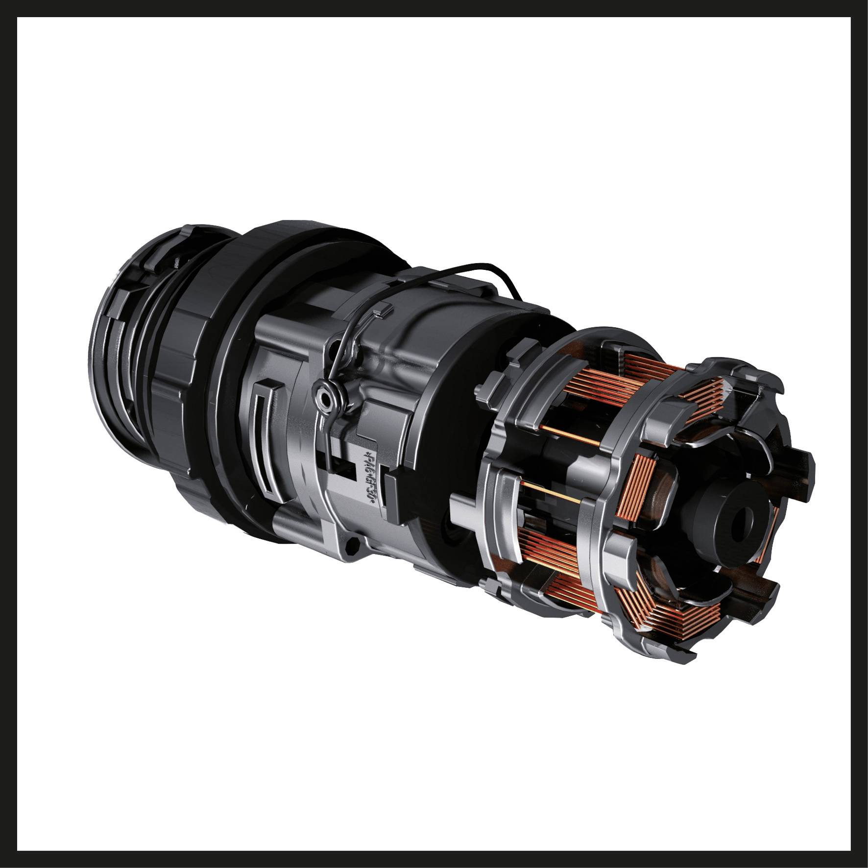 An electric motor with visible copper windings and metallic components, generating mechanical energy through electricity.