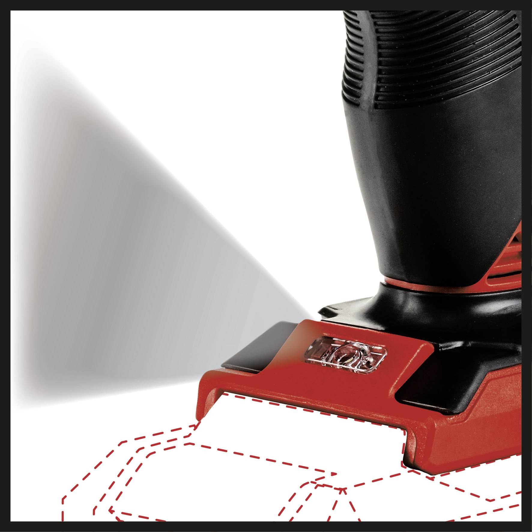 A power drill with LED light illuminates the surface being worked on. The focus is on the precision of the tool.