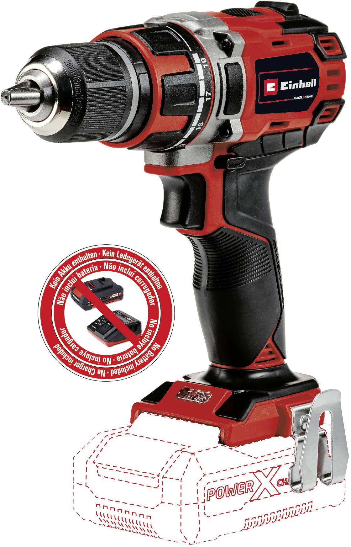 Cordless drill in red and black with battery compartment shown and promotional print.