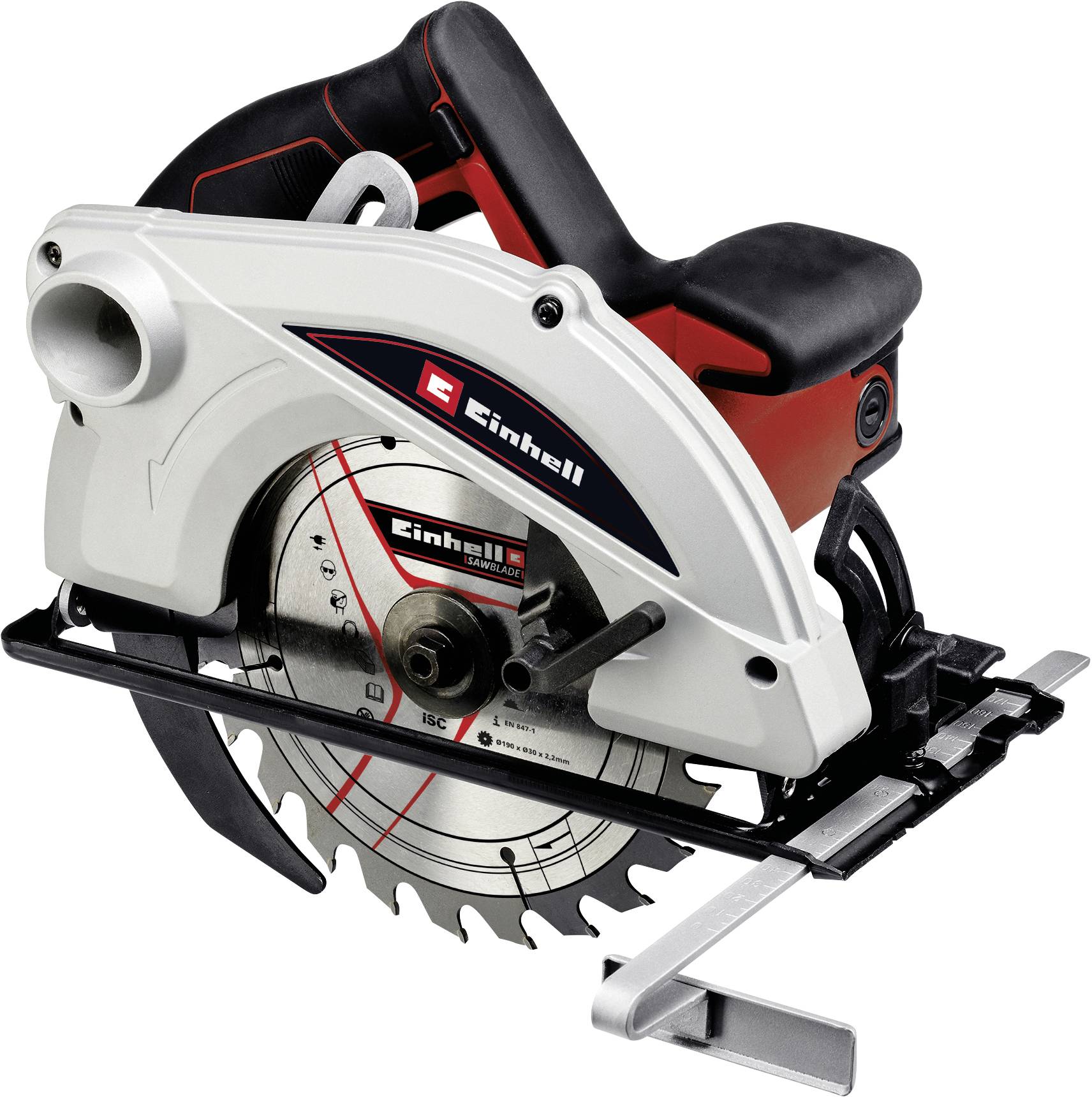 Electric circular hand saw with red and black handle, silver blade, and Einhell logo on the side.