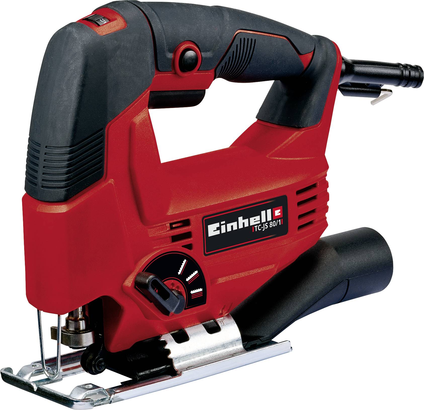 Red jigsaw with a black handle and Einhell logo. It has an adjustment dial to regulate the cutting speed.