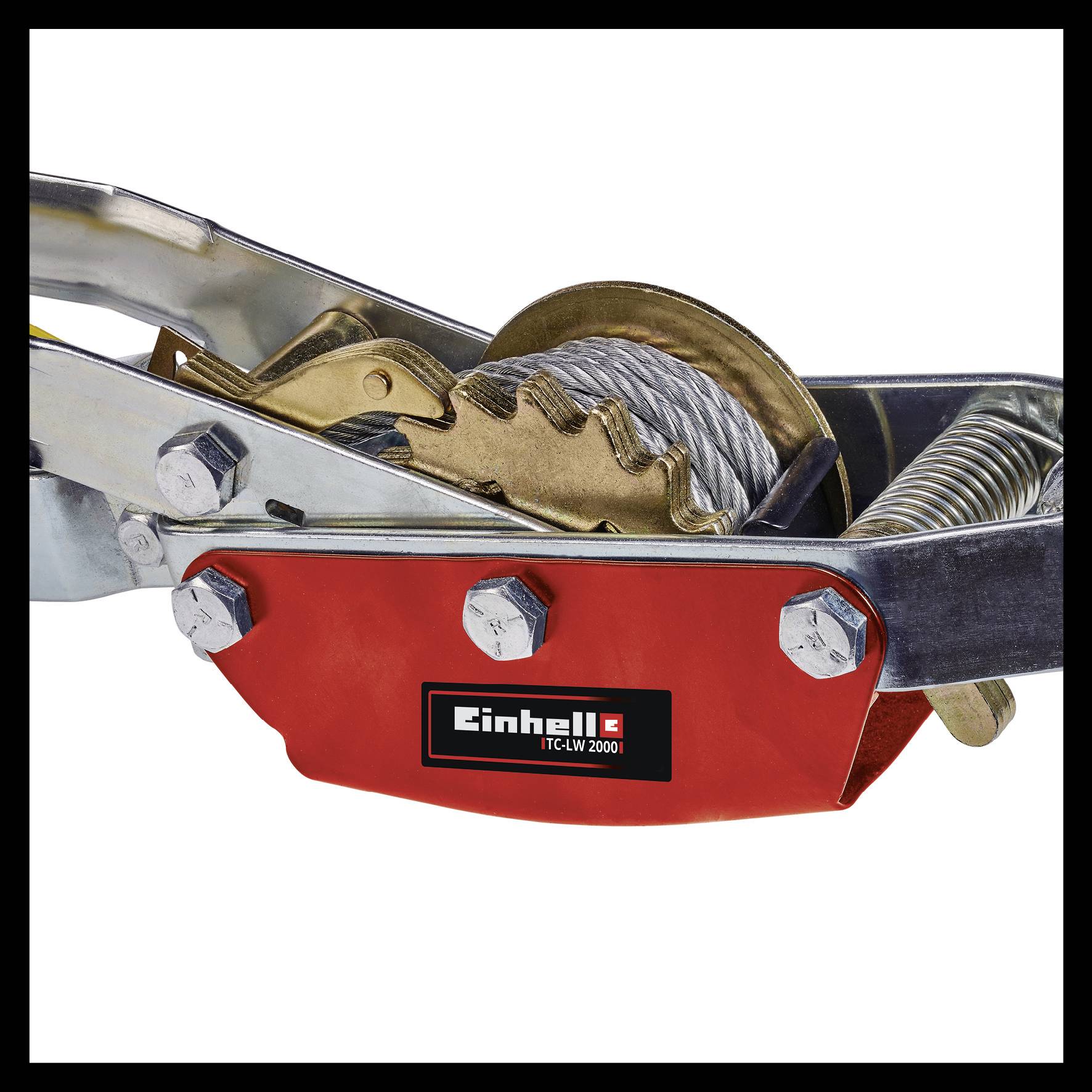 Wire rope in a red housing, with lever mechanism. Suitable for heavy-duty applications. Company logo 'Einhell' visible at the bottom.