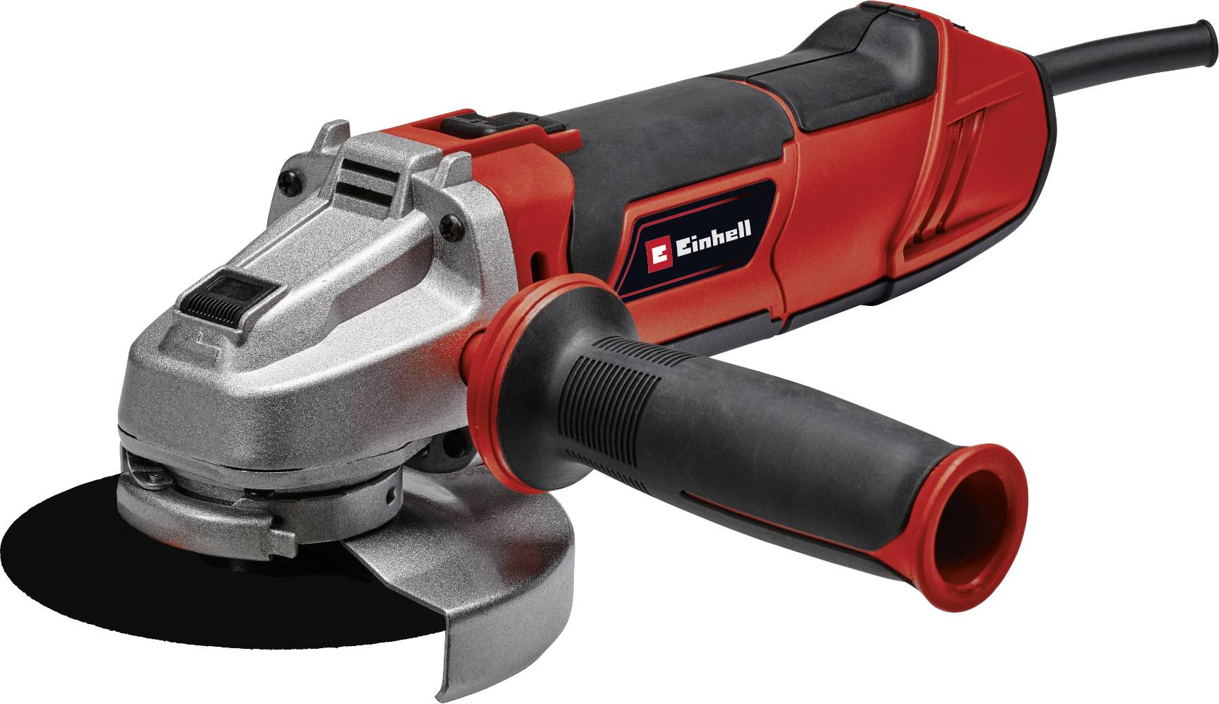 A red and black angle grinder with an ergonomic handle and protective cover, suitable for cutting and grinding materials.