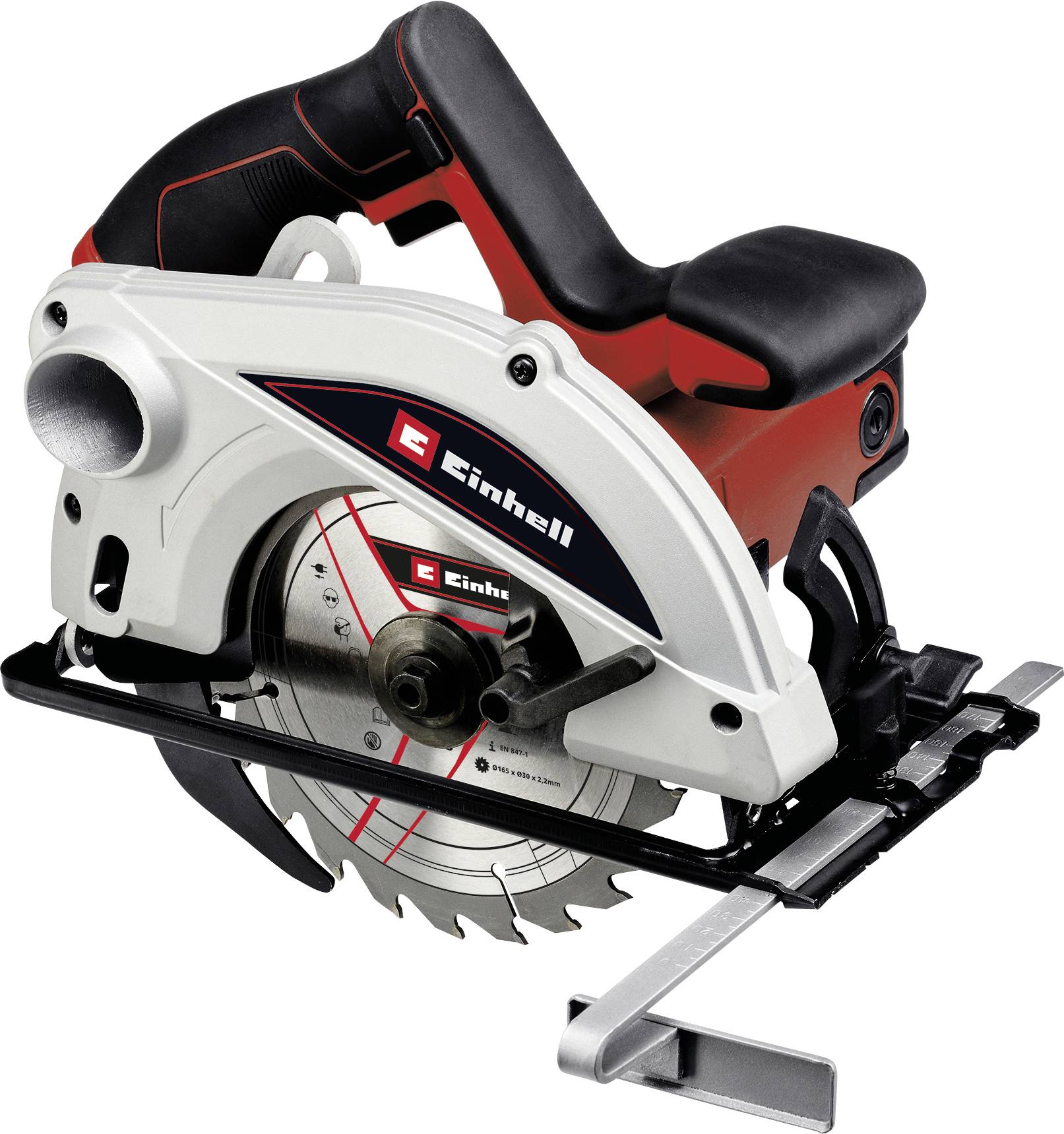 Einhell Hand Circular Saw, modern design, silver-red-black, suitable for precise wood cutting, with safety grip and guide rail.