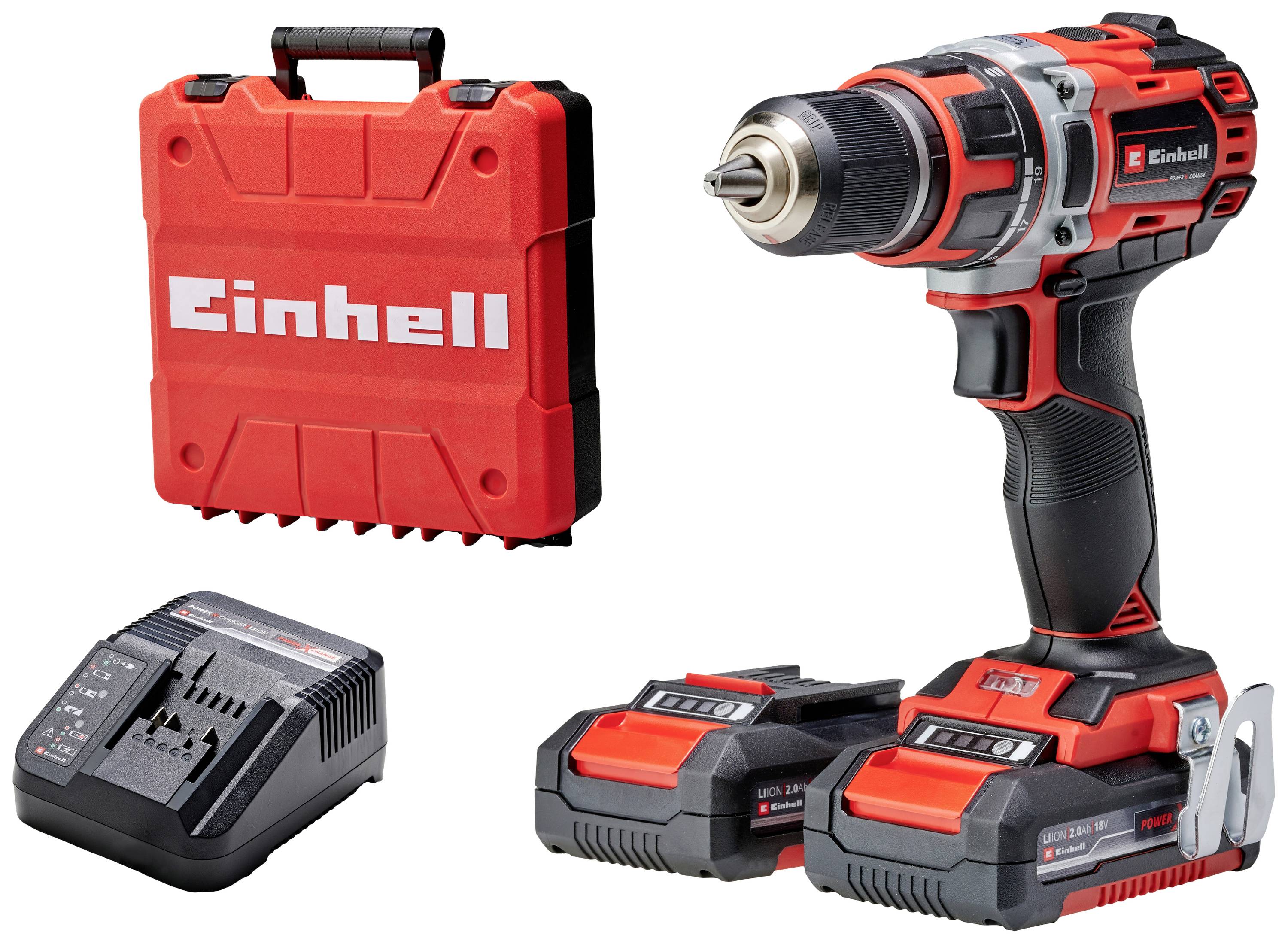 Cordless drill set with two batteries, a charger and a red case bearing the 'Einhell' logo. Perfect for DIY projects.