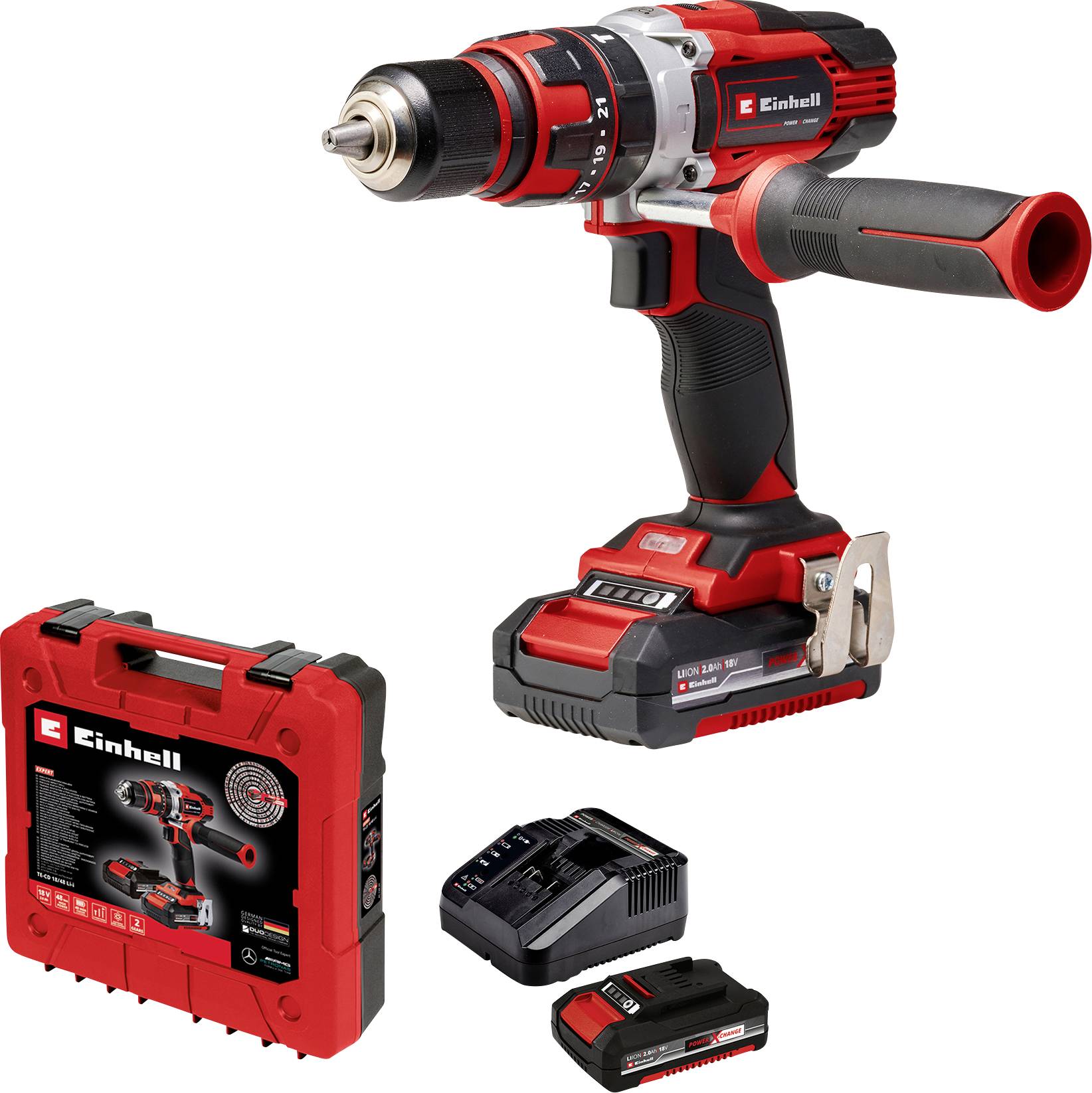 Cordless drill with charger and two batteries, shown beside a carry case. Product of the brand, emphasising mobility and performance.